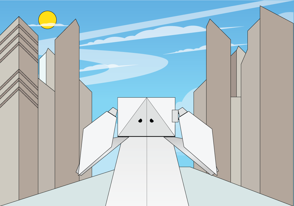 An origami figure surrounded by tall buildings