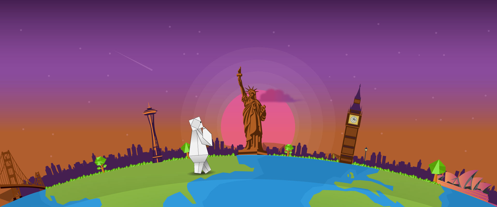 Edugami's origami bear looks out across a globe at the Statue of Liberty, with a pink sun setting behind it.